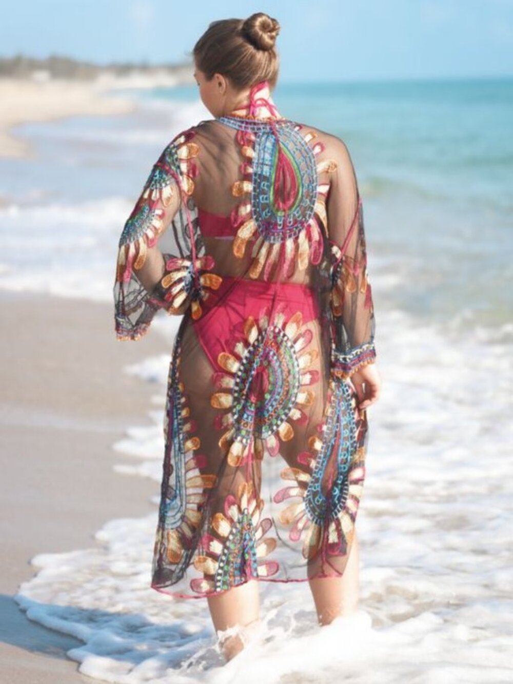 ASHA Multicolored sheer embroidered swim cover up cardigan robe